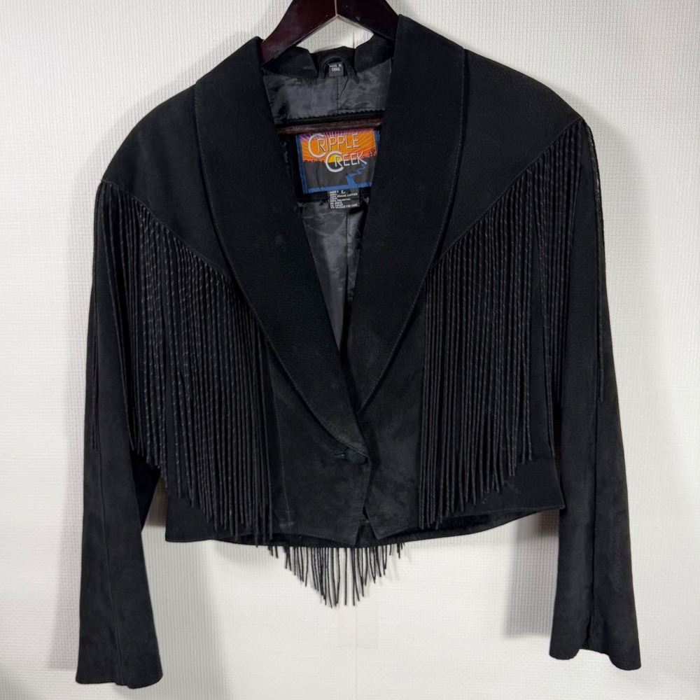 Cripple Creek Womens Black Suede Leather Fringe Western Cropped Jacket Large